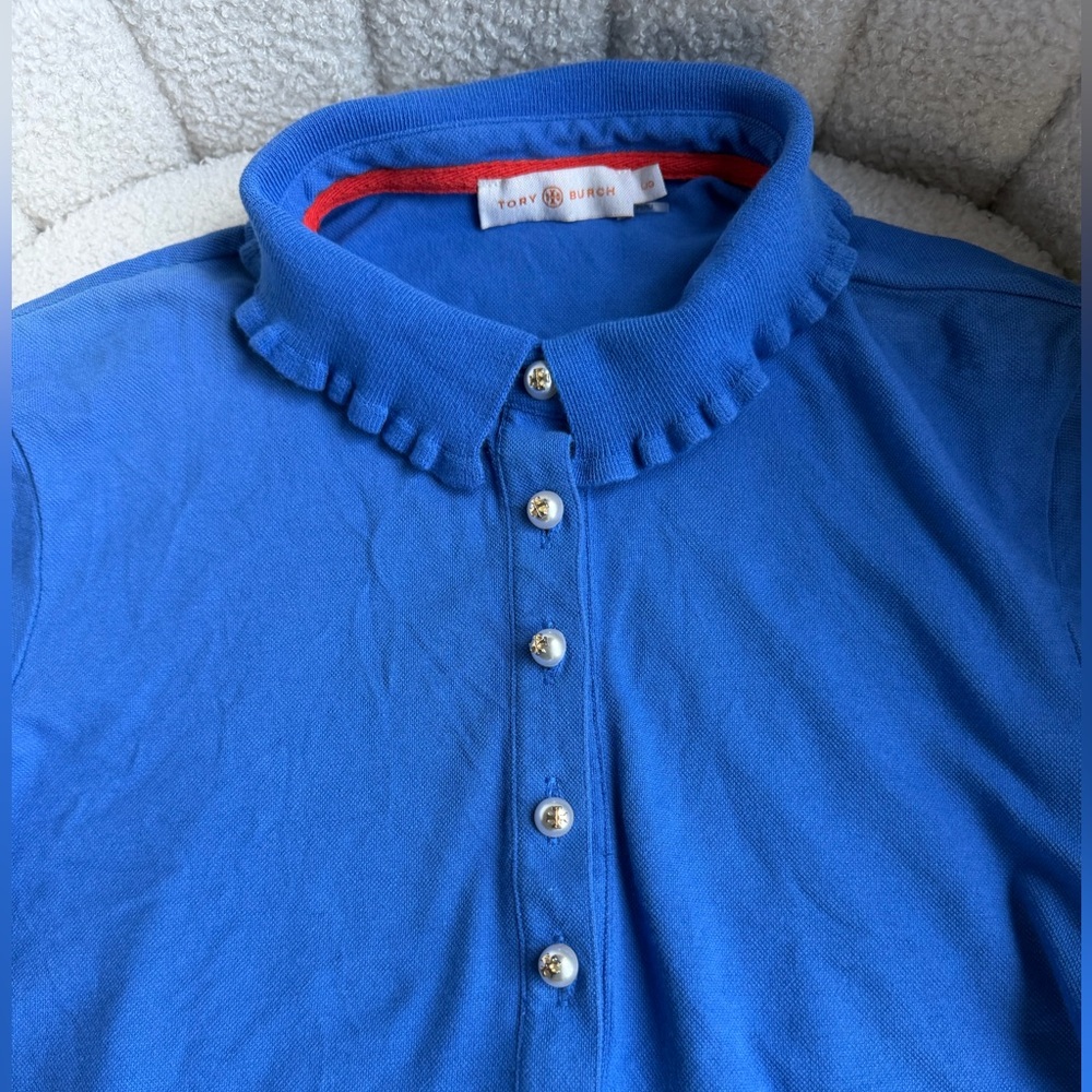 Tory Burch Blue Ruffle Collar Polo with Logo Buttons - Picture 2 of 9